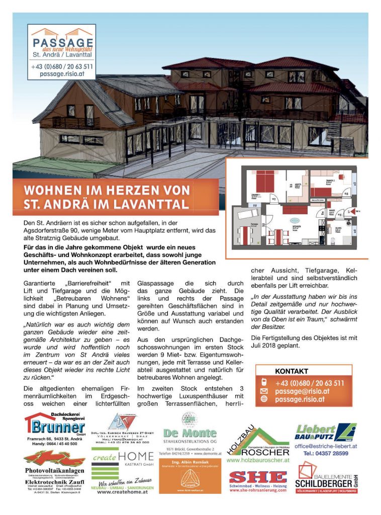 Passage - das neue Wohngefühl in St. Andrä im Lavanttal, Immobilien in St. Andrä im Lavanttal, Mietwohnung, Mietwohnungen, Eigentumswohnungen, Eigentumswohnung, Terrassenwohnung,  Penthouse, Penthaus, Penthäuser, Geschäftsflächen, Büroräume, zu mieten, zu kaufen, Beispielwohnungen, Wolfsberg